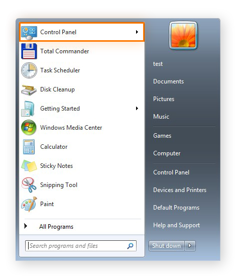 Öffnen der Systemsteuerung über das Startmenü von Windows 7