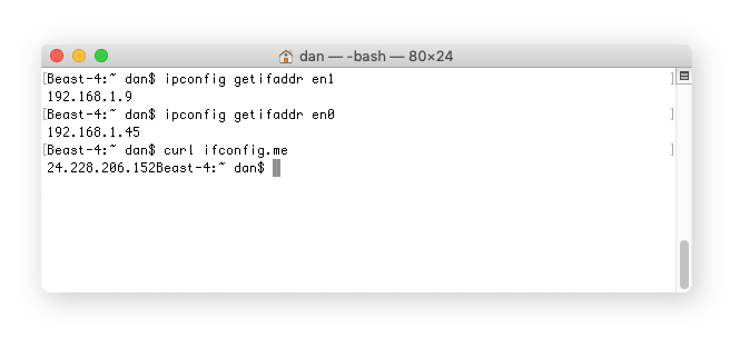 Die Terminal-App kann Ihnen mit einer einfachen Eingabe an der Eingabeaufforderung schnell Ihre lokale IP-Adresse und Ihre öffentliche IP-Adresse anzeigen