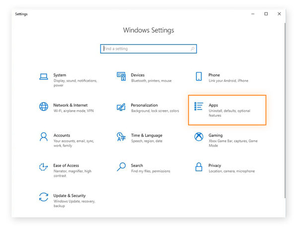 Ouverture des paramètres des applications dans le menu des paramètres de Windows 10