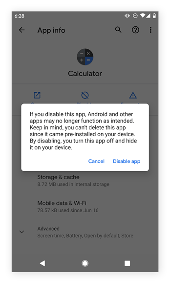 Confirmation de la désactivation d’une application dans Android 10.