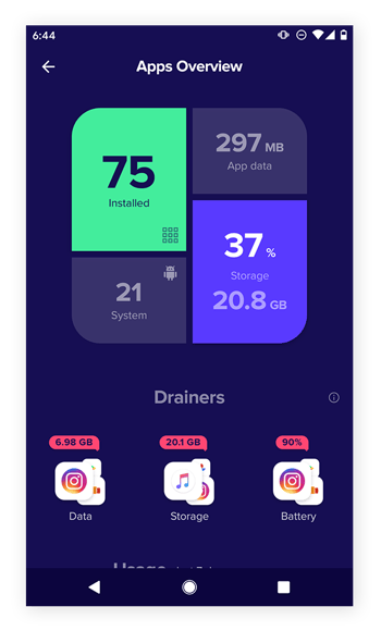 Vue d’ensemble des applications dans Avast Cleanup pour Android.