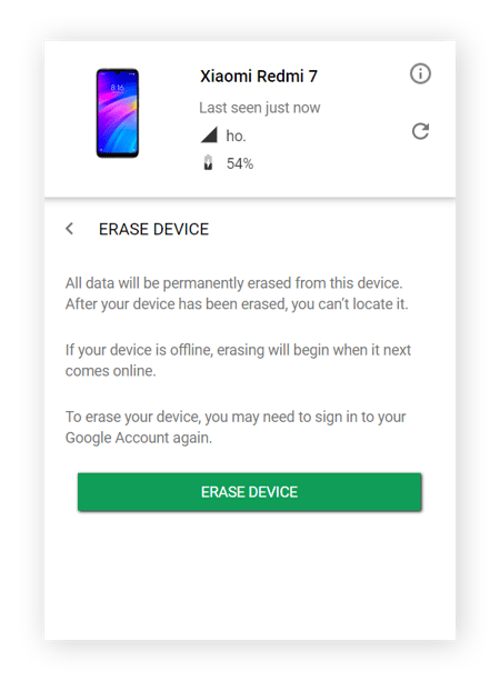 L’écran Effacer sous EFFACER LES DONNÉES DE L’APPAREIL dans Localiser mon appareil de Google
