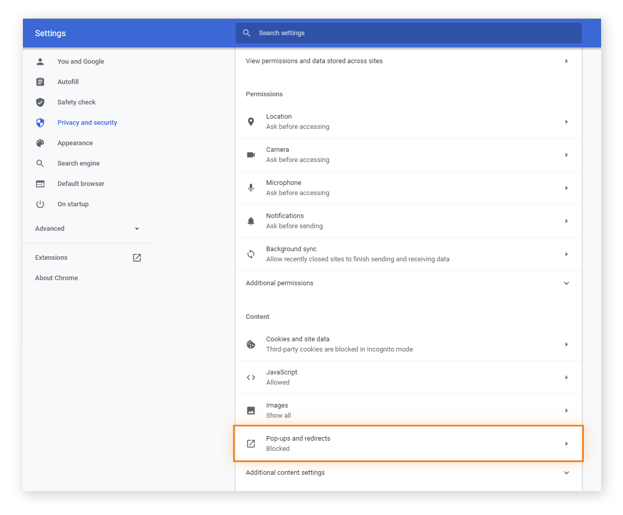Option « Paramètres des sites » dans les paramètres « Confidentialité et sécurité » de Google Chrome. L’utilisateur a fait défiler la page et a trouvé l’option « Pop-ups et redirections ».