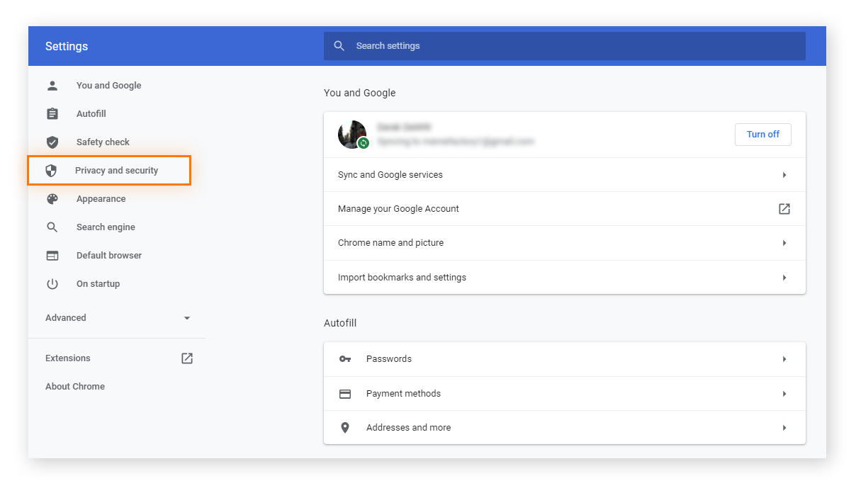 Les paramètres de Google Chrome sont affichés. À gauche, la rubrique « Confidentialité et sécurité » est entourée.