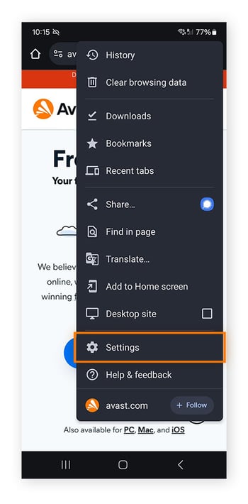 Ouverture des paramètres des pop-ups Chrome sur Android.