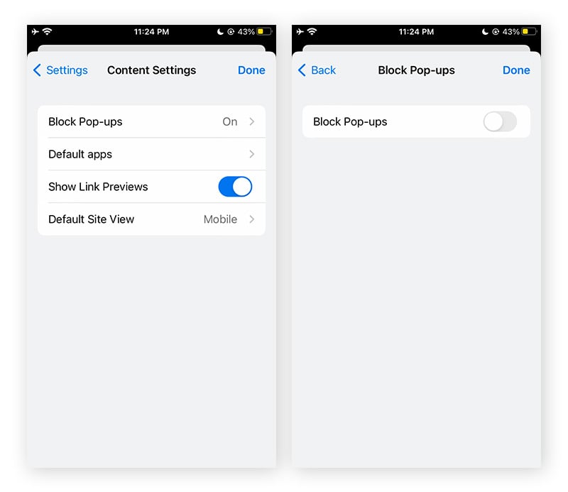 Option de blocage des pop-ups Chrome sur iPhone. Elle est désactivée.