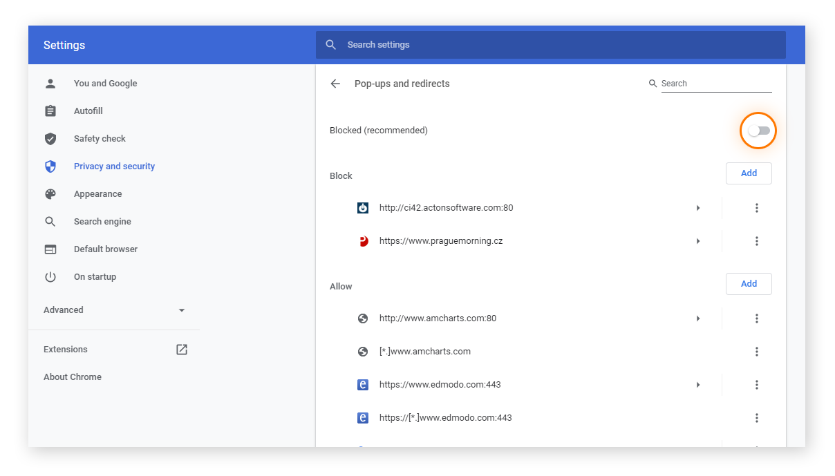Paramètres « Pop-ups et redirections » dans Chrome, le paramètre actuel étant « Bloquées (recommandé) ».
