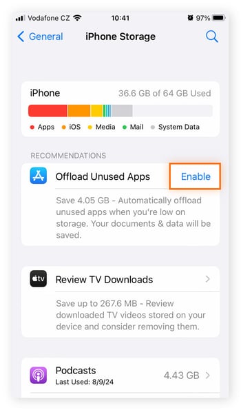 Capture d’écran de la page de stockage de l’iPhone