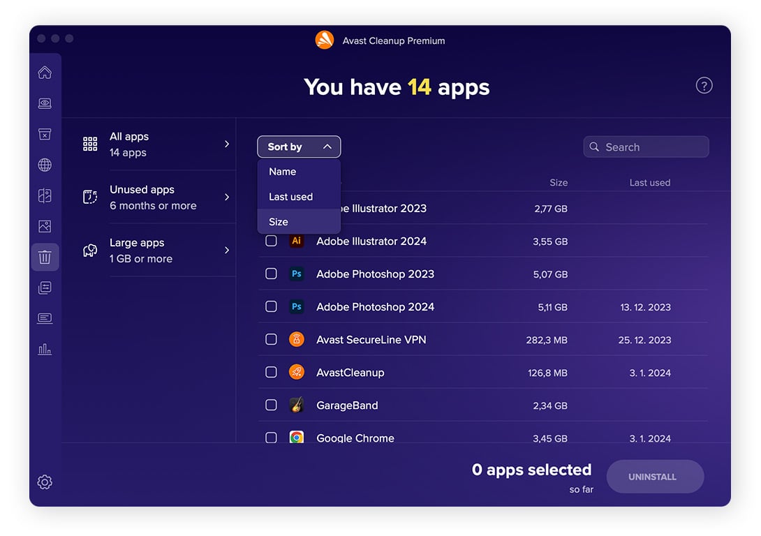 Uso de Avast Cleanup para Mac para filtrar aplicaciones.