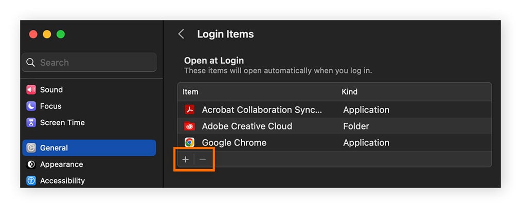 Revisión de una lista de elementos de inicio de sesión en la ventana Ítems de inicio de sesión en macOS.