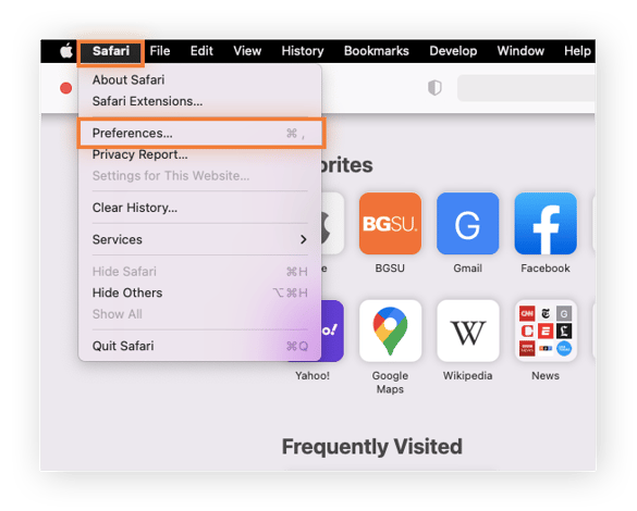 Safari et Préférences en surbrillance