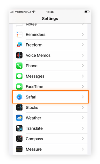 Safari mis en évidence dans Réglages