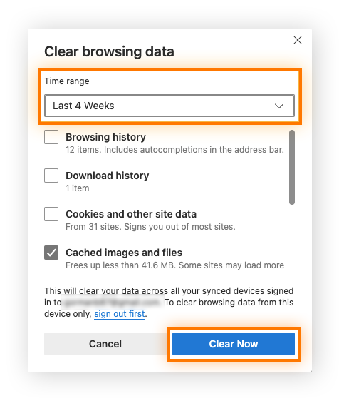 Le menu déroulant permettant de choisir la période est mis en évidence, la case à cocher située en face de Contenu web en cache est sélectionnée et l’onglet Effacer est mis en évidence