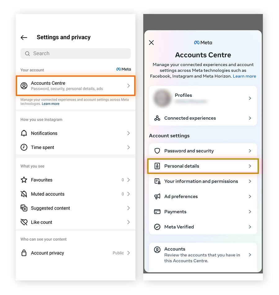 Menu Configurações e privacidade no aplicativo Instagram, com o botão Central de contas em destaque