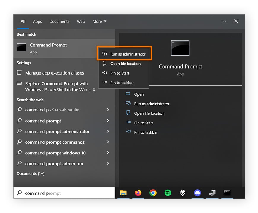 Das Windows-Menü „Start“ ist geöffnet, die Eingabeaufforderung wurde mit der rechten Maustaste angeklickt, und „Als Administrator ausführen“ ist markiert.