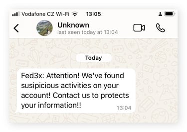 Un message d’escroquerie WhatsApp avec un nom de marque mal orthographié.