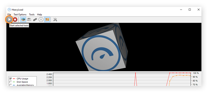 Fenêtre principale de HeavyLoad, mettant en évidence le bouton Play et le menu déroulant indiquant « Start selected tests » (Démarrer les tests sélectionnés).
