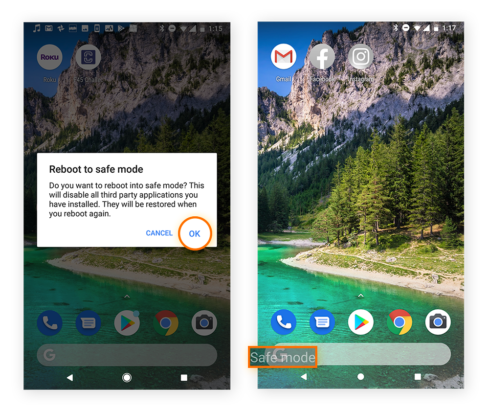 Téléphone Android sur le point de redémarrer en mode sans échec avec OK en surbrillance