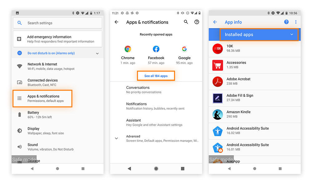 Localisation d’une application sur un appareil Android, avec Applications et notifications en surbrillance, Voir les 184 applications en surbrillance, et Applications installées en surbrillance.