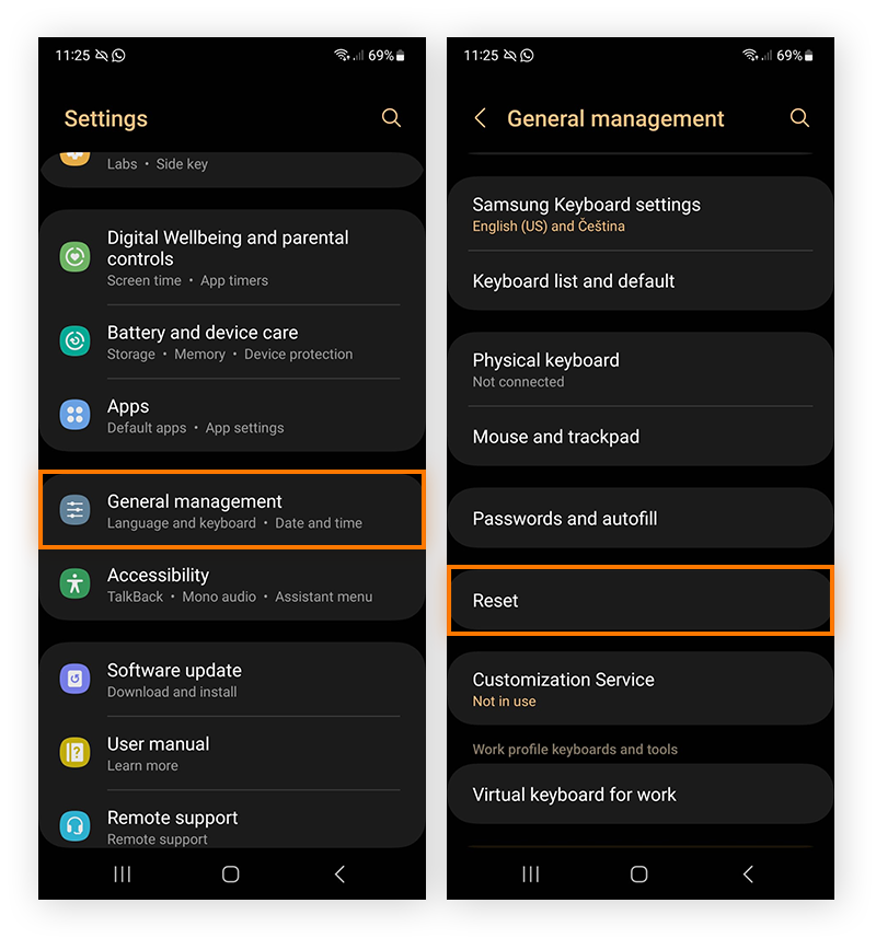 Ouverture des paramètres Android pour lancer une réinitialisation complète.
