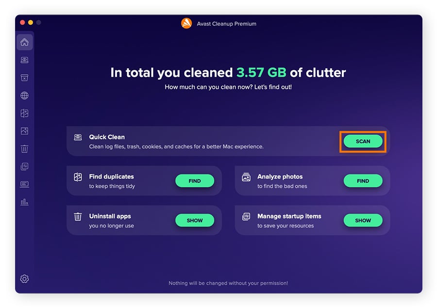 Con Avast Cleanup para Mac, busque archivos basura, caché y otros datos innecesarios.